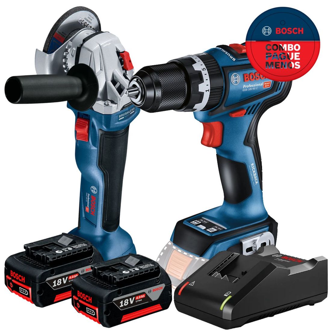Combo Parafusadeira /Furadeira Impacto + Esmerilhadeira Angular Com 2 Baterias 18v 4ah e Carregador