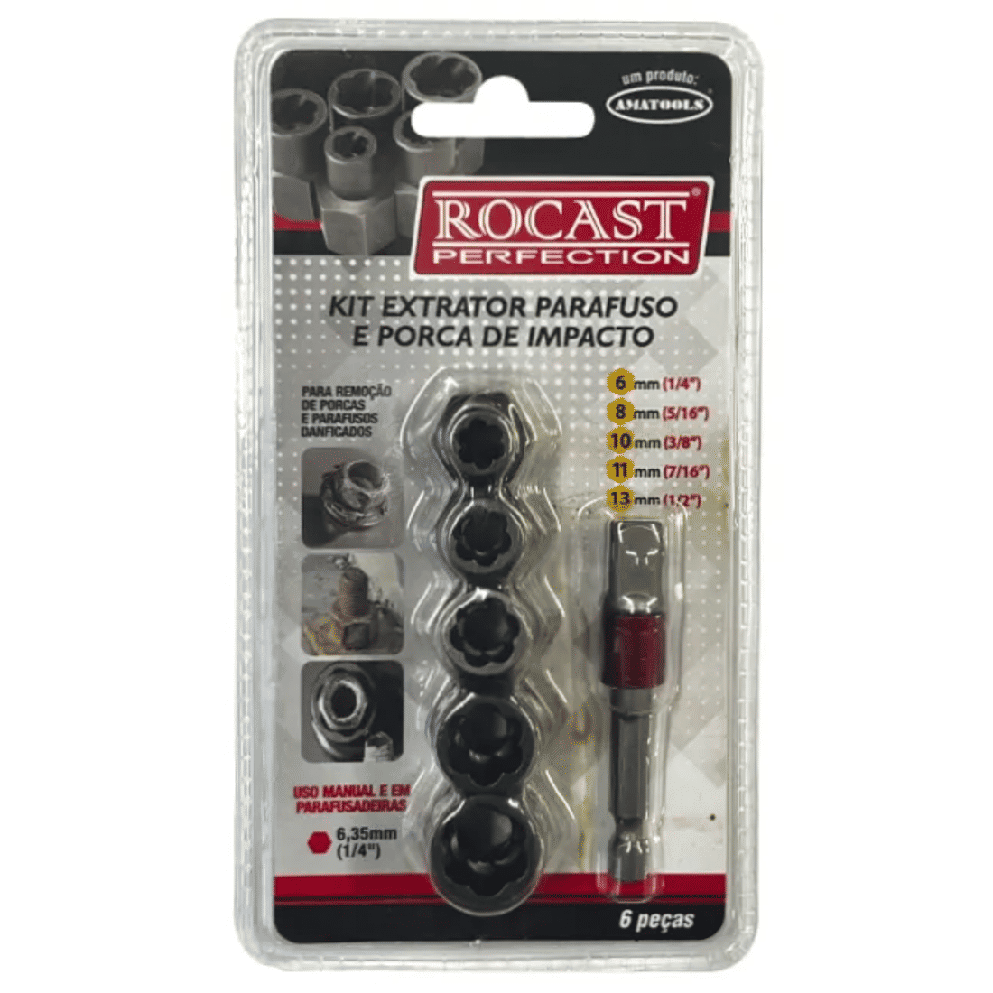 Kit Extrator Parafusos e Porcas Espanados Rocast 6 peças
