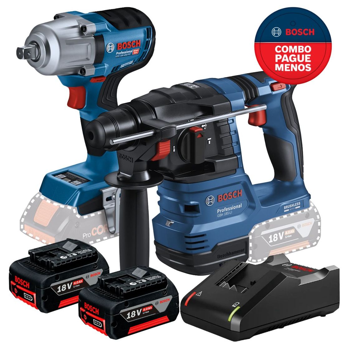 Combo Chave Impacto + Martelete Bosch SDS com 2 Baterias 18v 4ah e Carregador