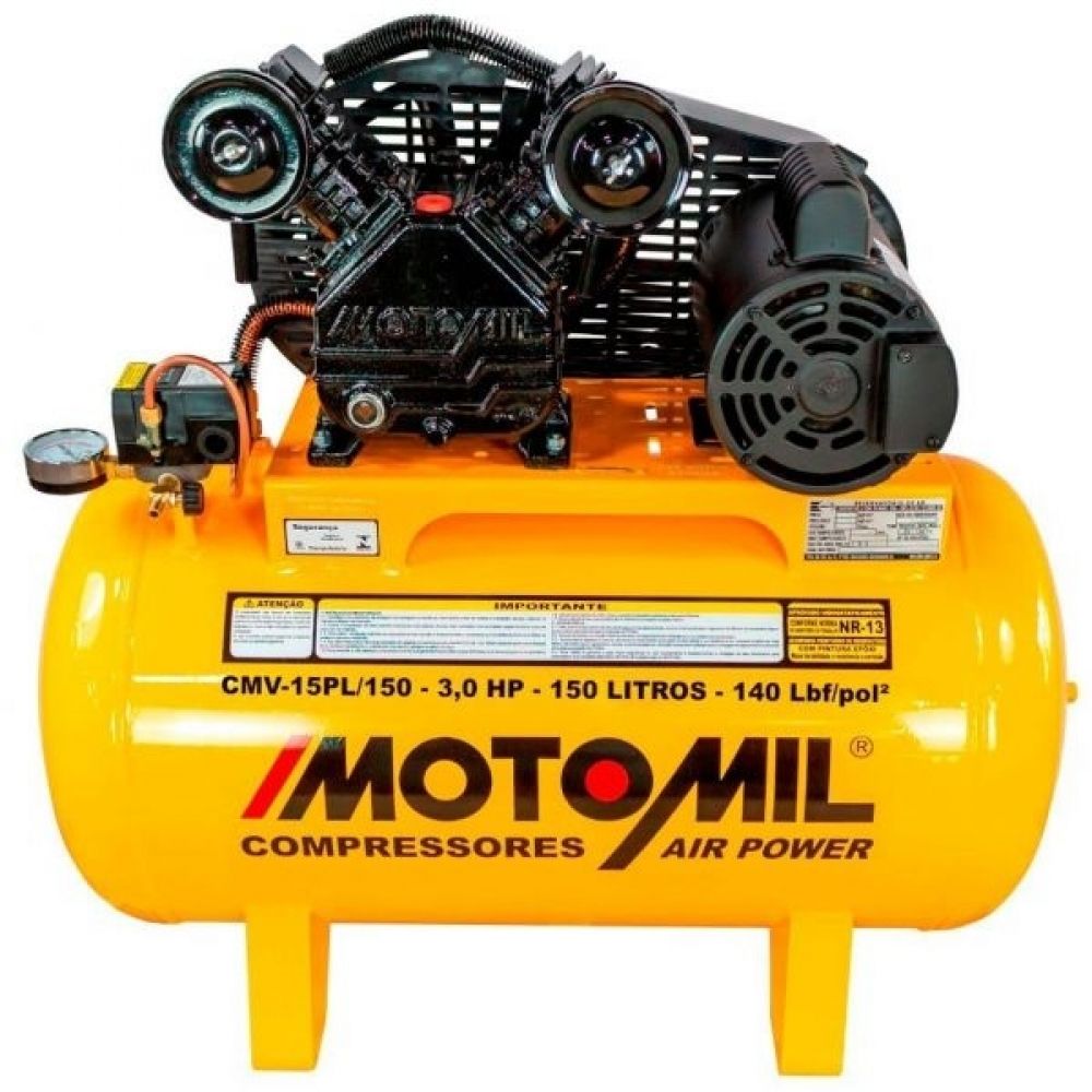 Compressor 15 pés 150L 140 PSI 3 CV Monofásico 110/220V Motomil CMV15PL/150