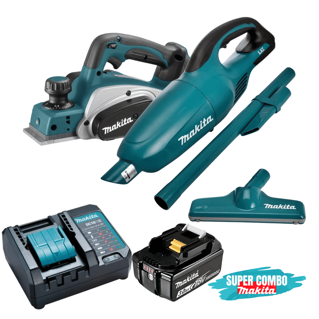 Kit Plaina Makita 82mm 18V LXT + Aspirador de Pó Portátil + 1 Bateria 3Ah e Carregador 127V/220V