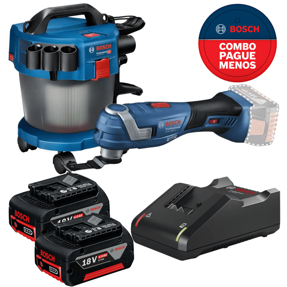 Combo Aspirador de Pó e Multicortadora Bosch Com 2 Baterias 18v 4ah e Carregador