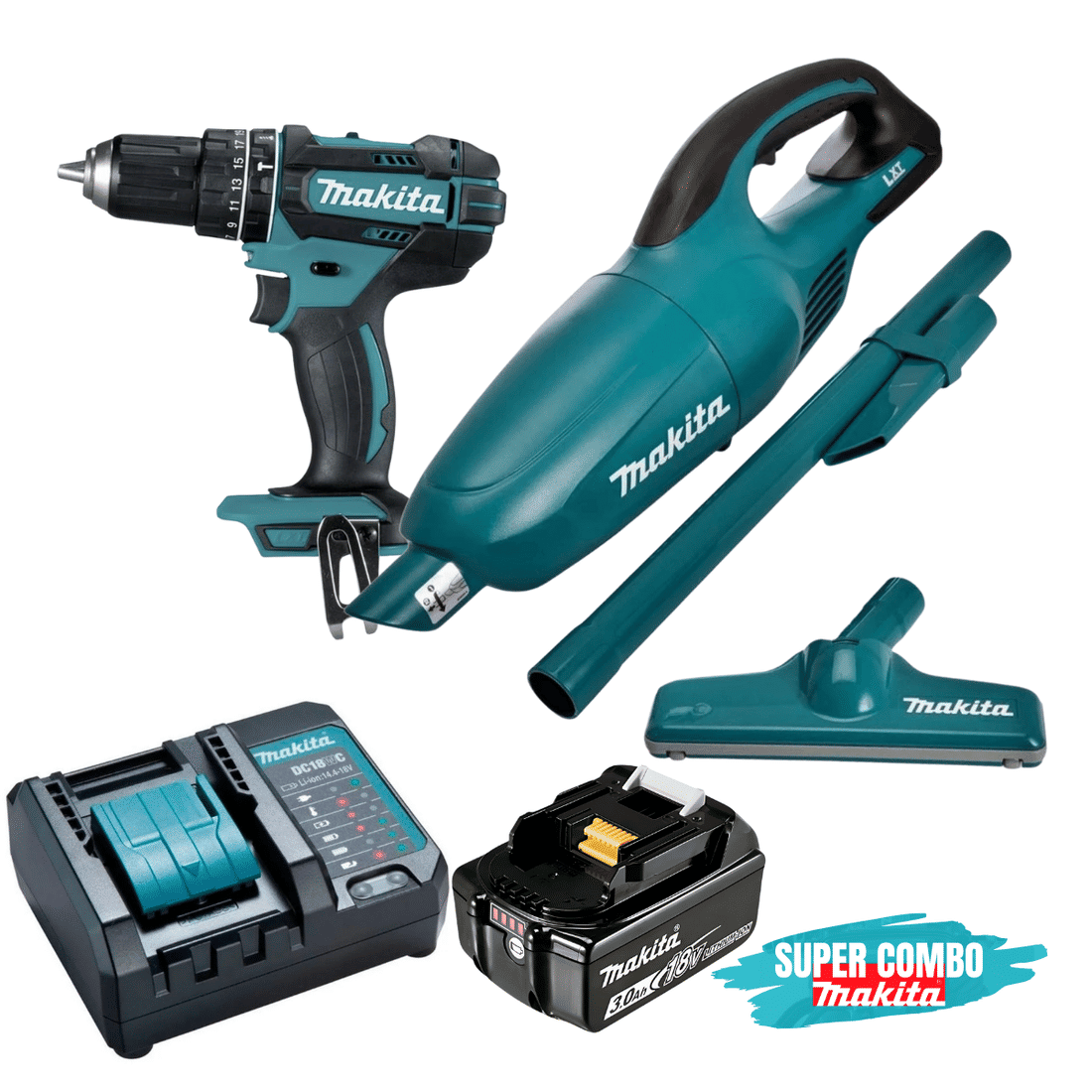 Kit Parafusadeira Furadeira de Impacto DHP482Z Makita 18V + Aspirador de Pó Portátil + Bateria 3Ah e Carregador 127V/220V