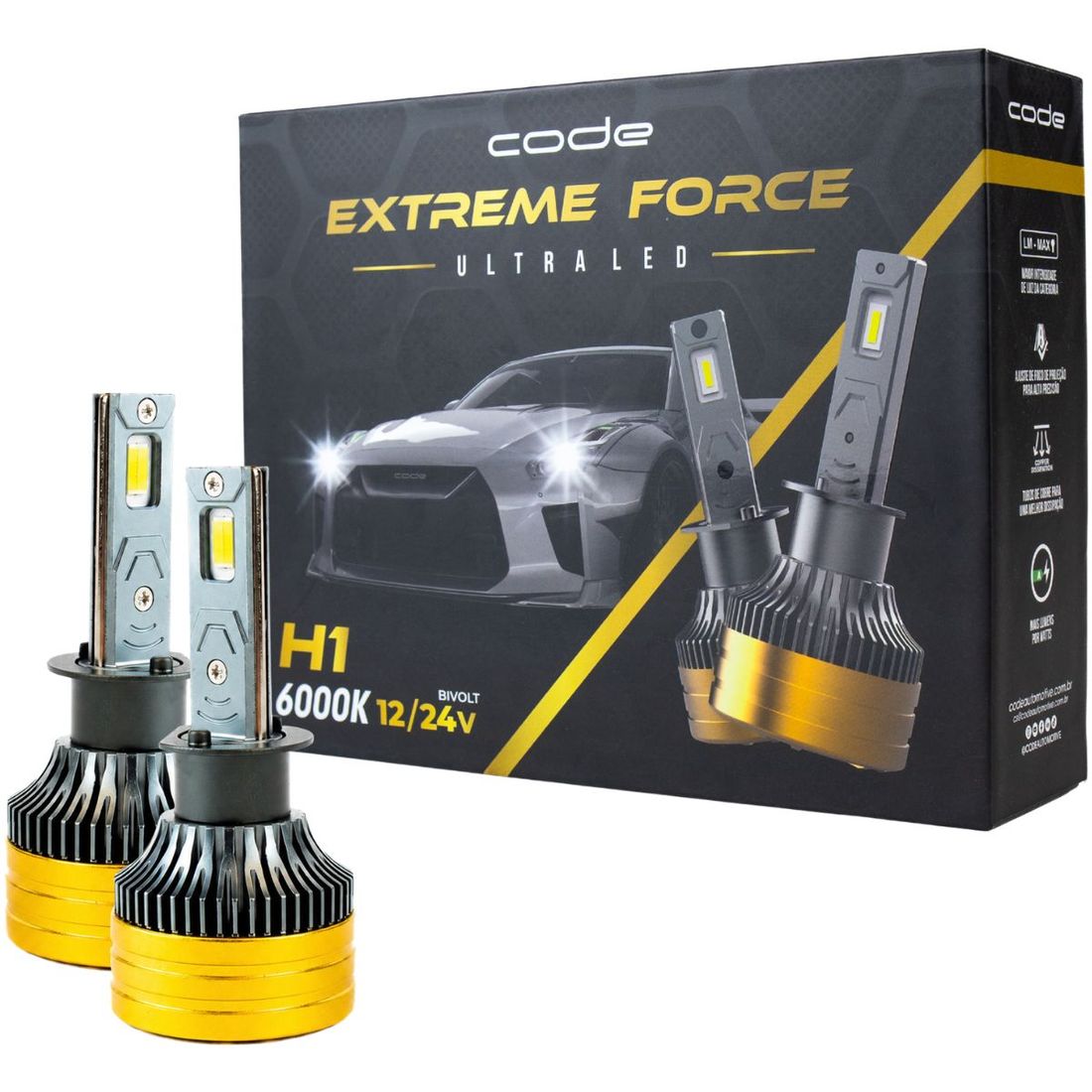 Kit 2 Lâmpadas Ultra Led Code Extreme Force H1 12V 24V 6000K