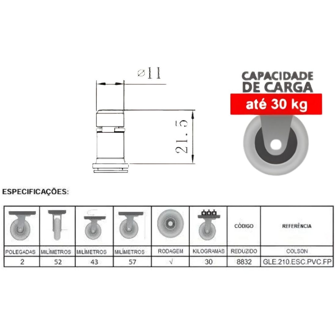 Rodízio Giratório 50mm Para Cadeira Escritório 30kg Rodízio Giratório 50mm Para Cadeira Escritório 30kg