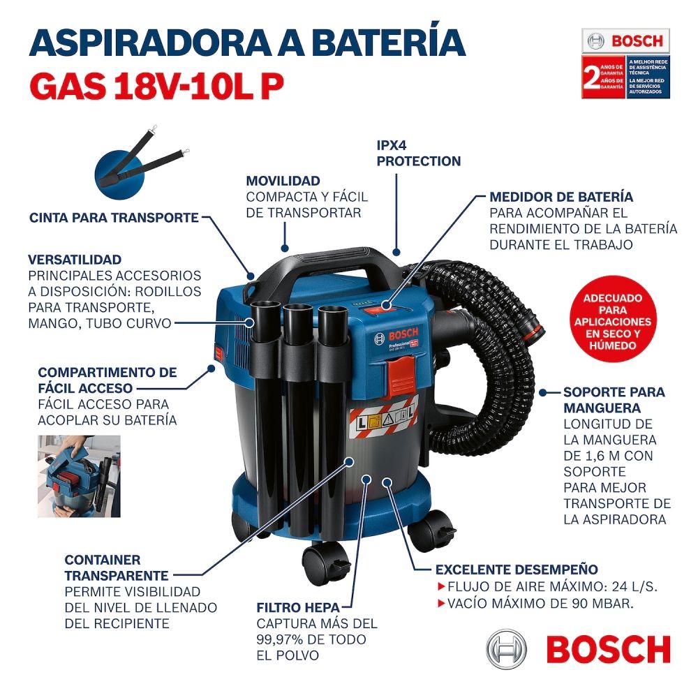 Aspirador Pó e Água Bosch GAS18V-10L SB 10L 18V Sem Bateria e Carregador