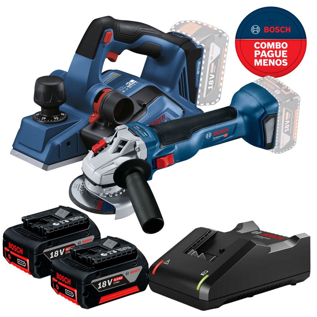 Combo Plaina + esmerilhadeira Angular Bosch Com 2 Baterias 18v 4ah e Carregador