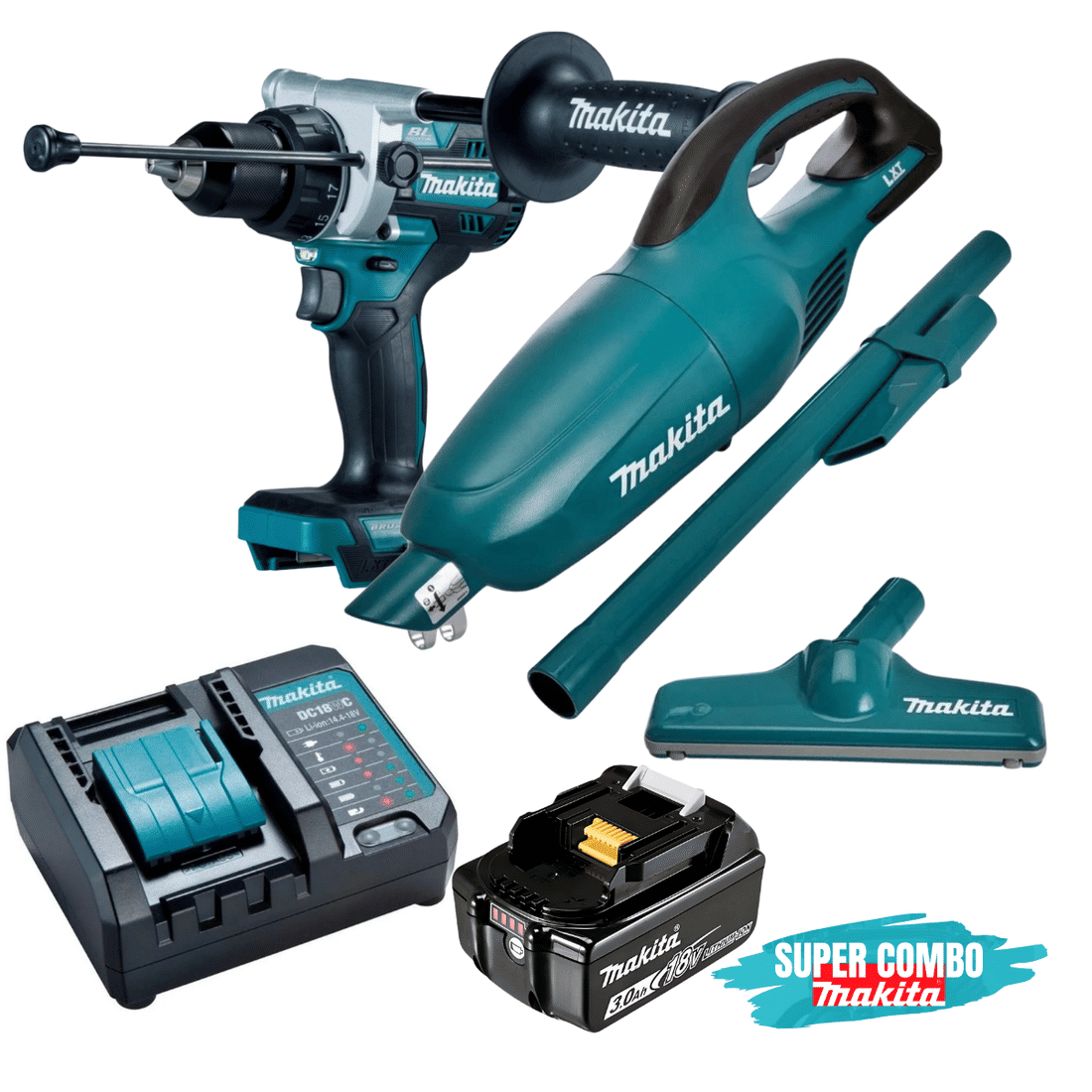 Kit Makita 18V Parafusadeira Furadeira Impacto Makita DHP486Z + Aspirador de Pó Portátil + 1 Bateria 3Ah 18V e Carregador 127V/220V