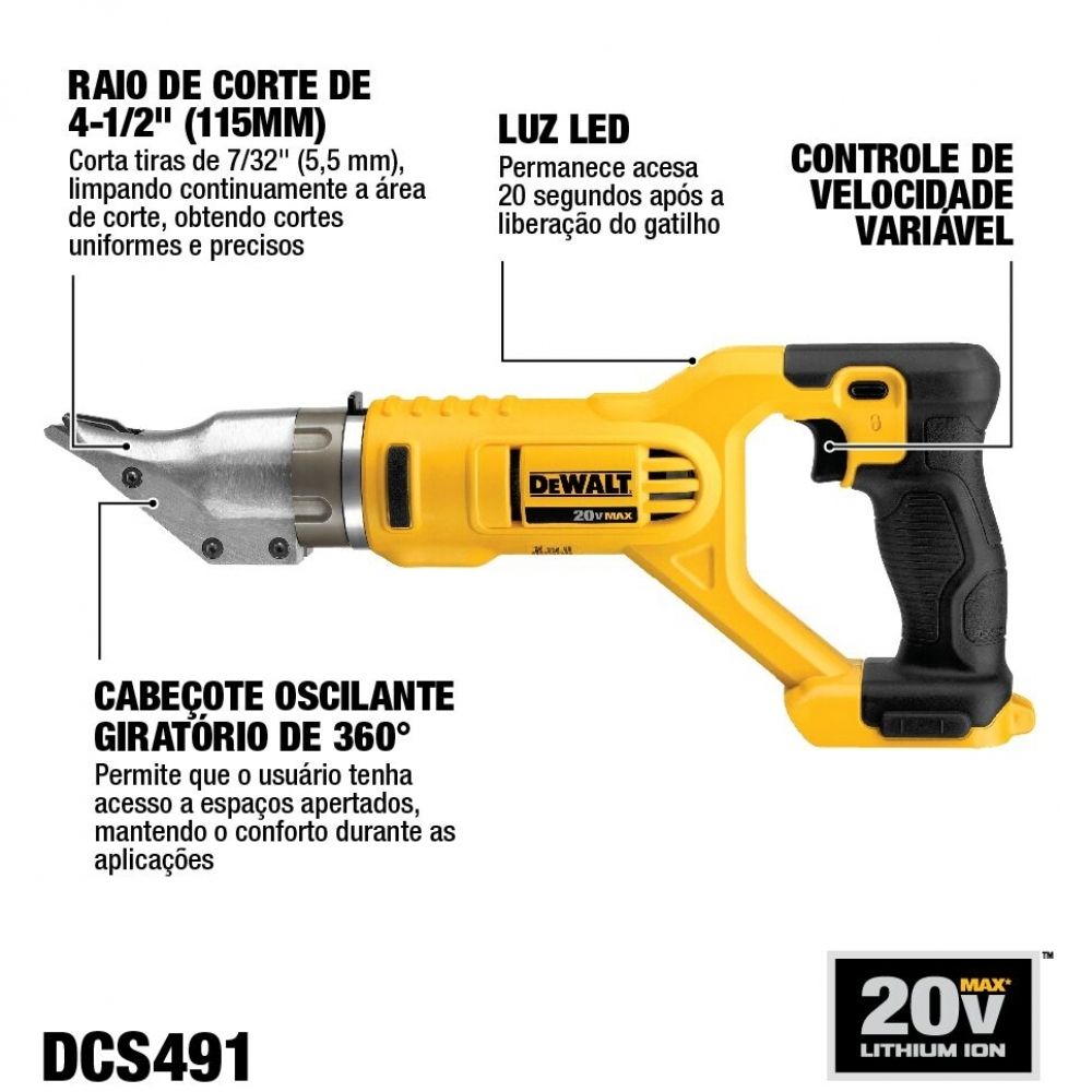 Tesoura Corta Chapa 20V Sem Bateria DCS491B DeWalt