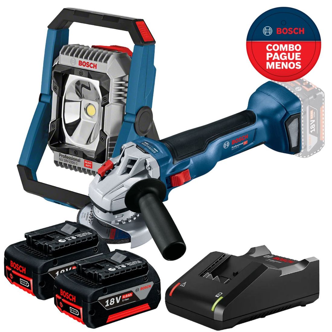 Combo Refletor Sem Fio + Emerilhadeira Bosch Com 2 Baterias 18v 4ah e Carregador