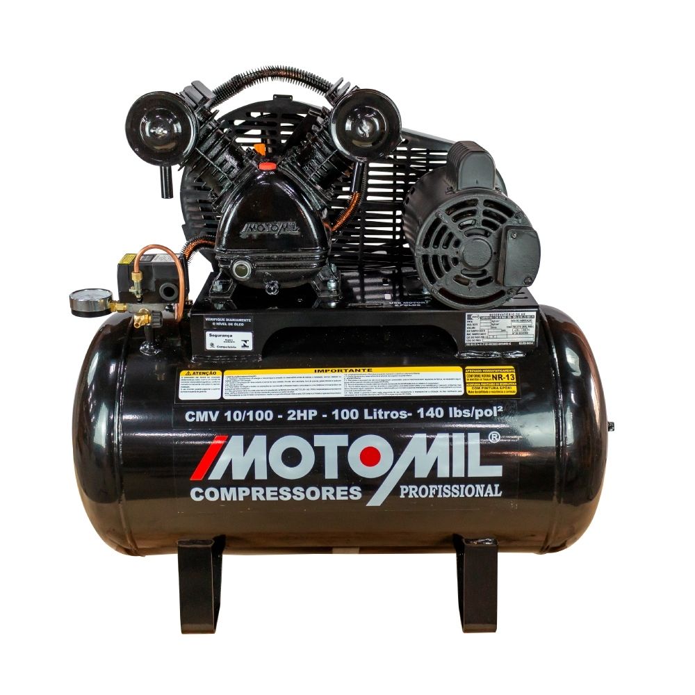Compressor 10 Pés 100L 140 PSI 2 CV Monofásico 110/220V Motomil CMV-10/100 MM