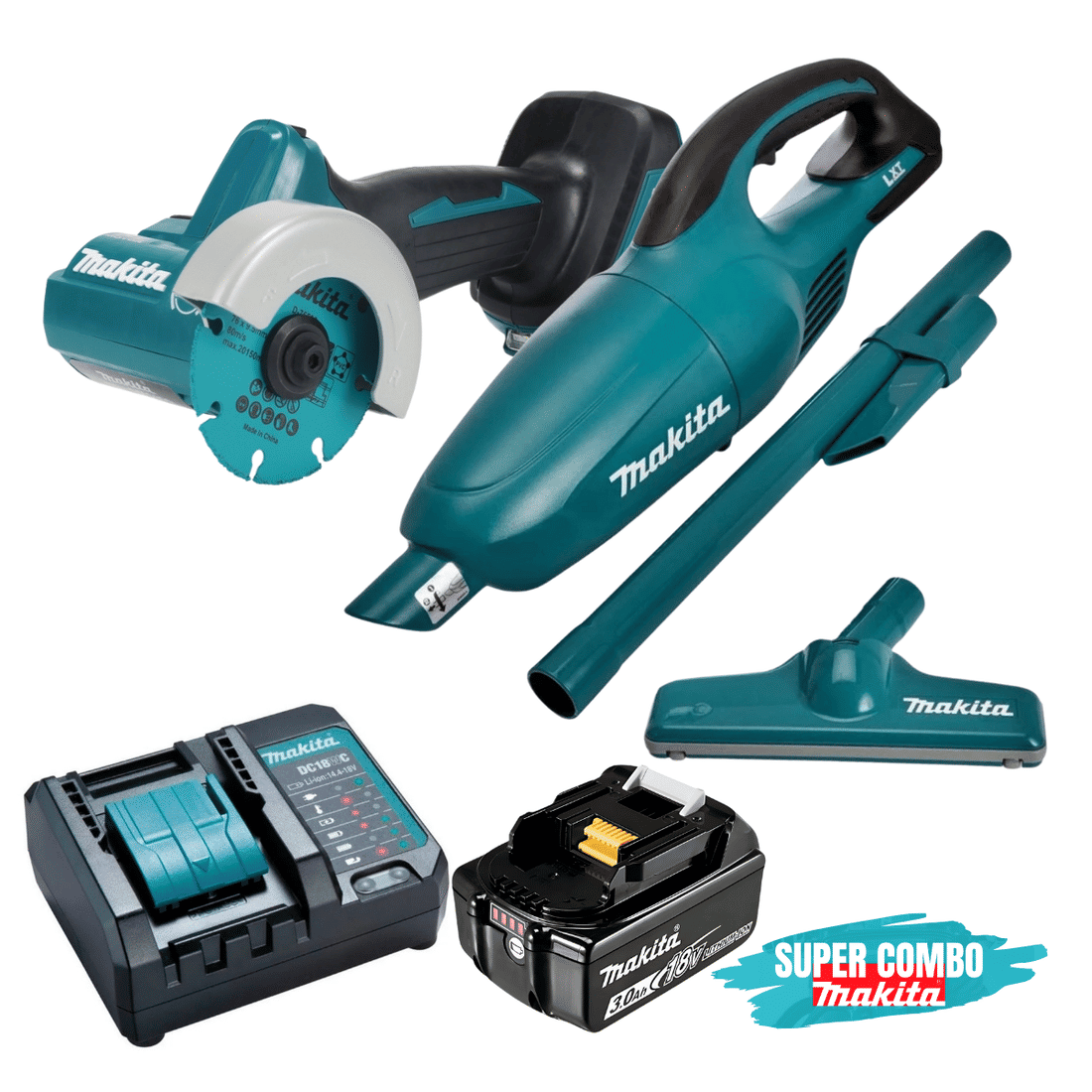 Combo Makita 18V Cortadora Compacta + Aspirador de Pó Portátil + 1 Bateria 3Ah e Carregador 127V/220V