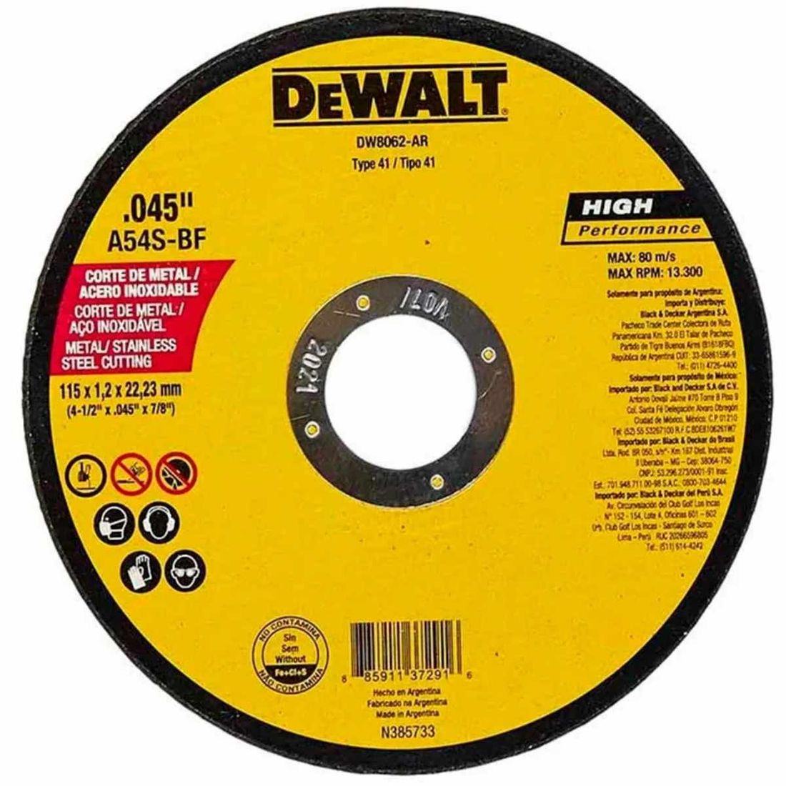 Disco Corte Inox 4.1/2" X 1,2mm X 7/8" - Dewalt