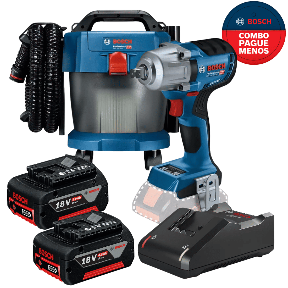 Combo Aspirador de Pó e Chave de Impacto Bosch + 2 Baterias e carregador 18v 4Ah