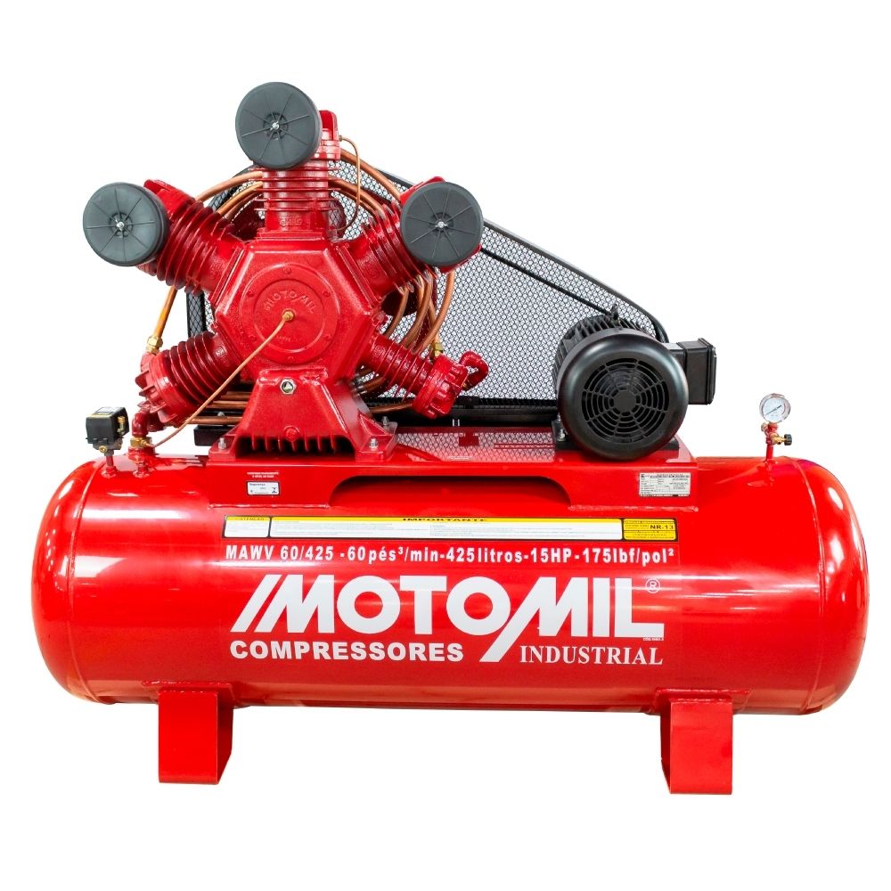 Compressor 60 Pés 425L 175 PSI 15 CV Trifásico Motomil