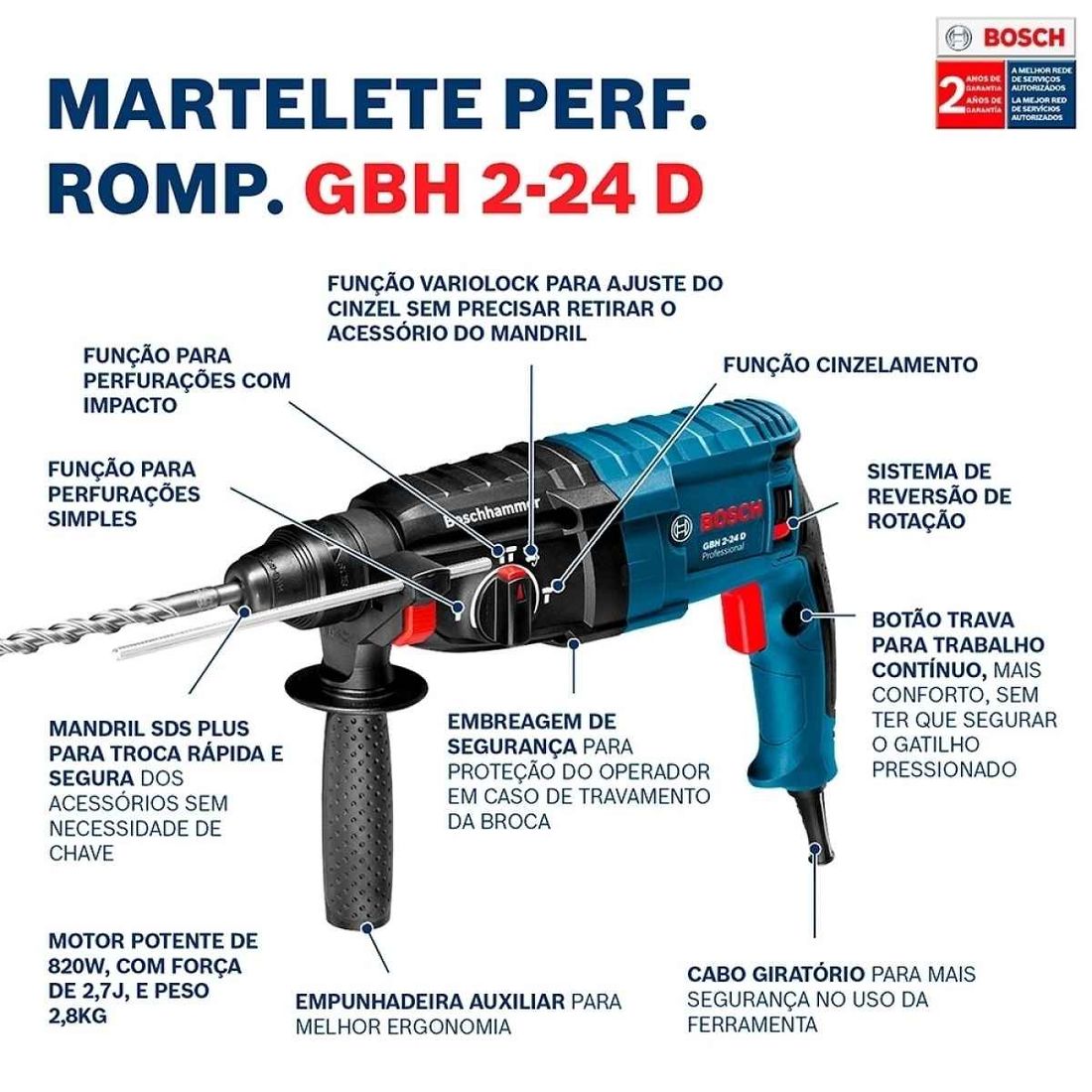 Martelete 3 Funções SDS PLUS 820W 220V GBH 2-24 D Bosch Martelete 3 Funções SDS PLUS 820W 220V GBH 2-24 D Bosch