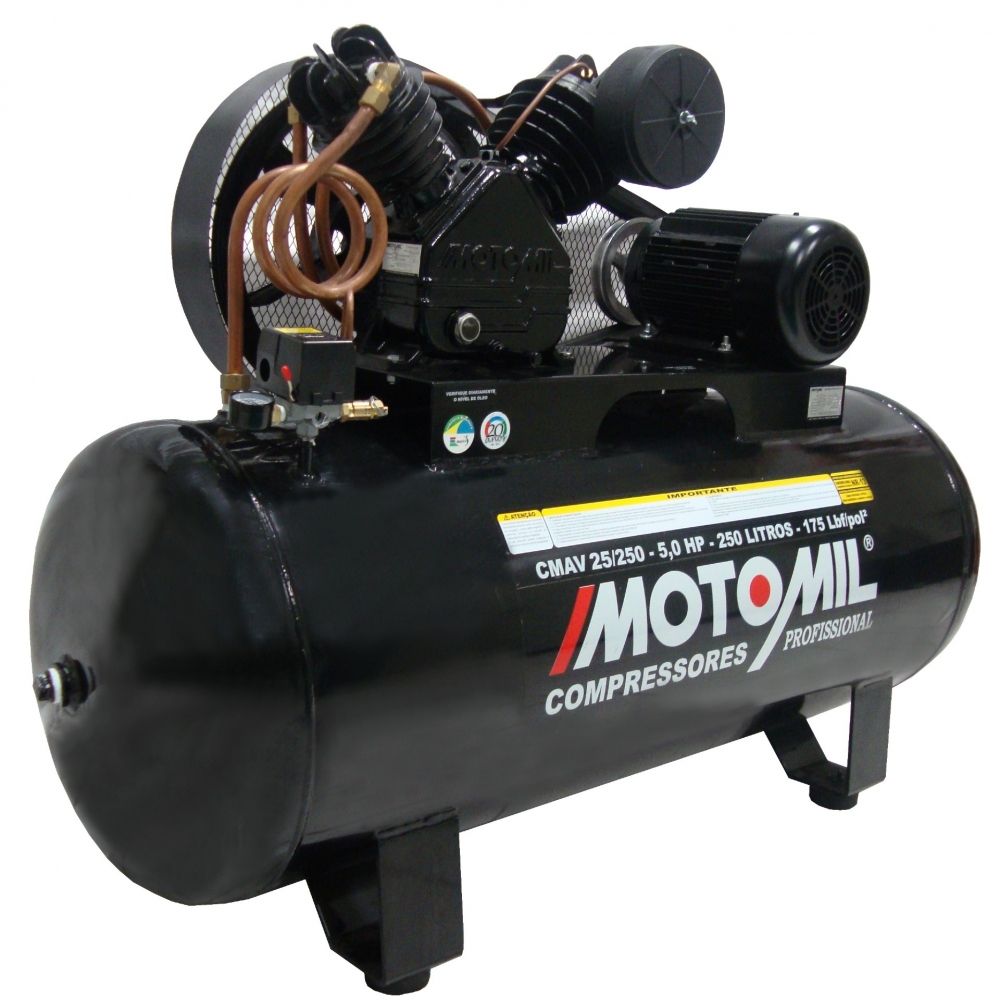 Compressor 25 Pés 250L 175PSI 5 Cv Trifásico 220/380V Motomil CMAV-25/250