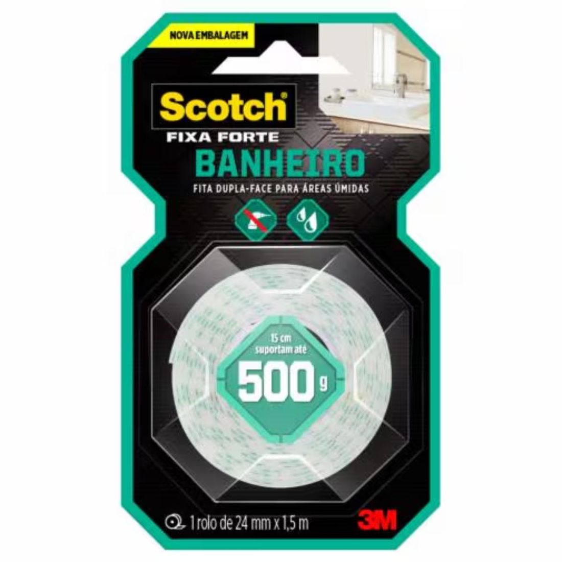 Fita Dupla Face 3M Fixa Forte Banheiro 24mm x 1,5m