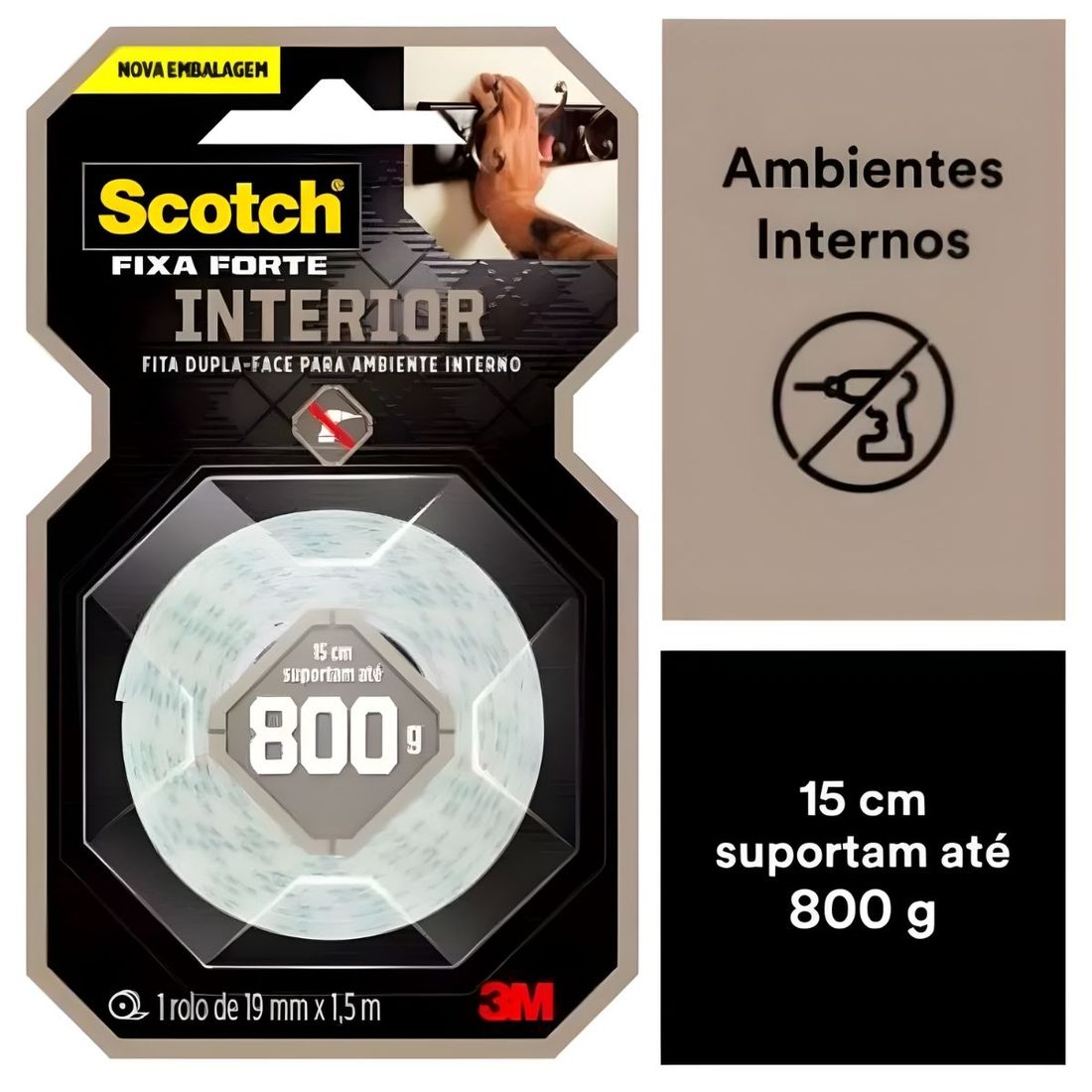 Fita Dupla Face 3M Scotch Fixa Forte Interior 19mm x 1,5m