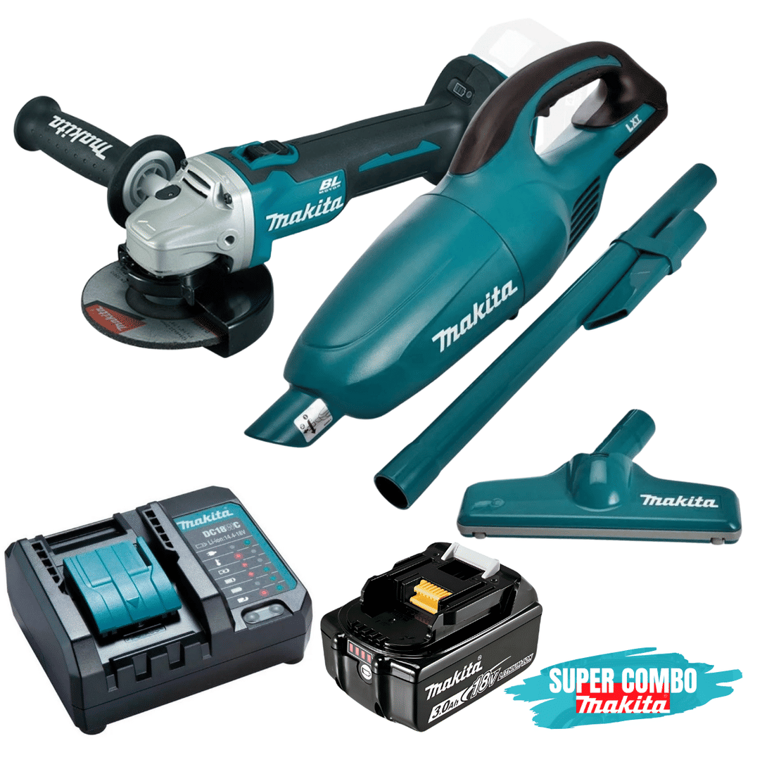 Kit Esmerilhadeira Angular Makita 5" 18V + 1 Bateria 3Ah e Carregador 127V/220V +  Aspirador de Pó Portátil DCL180Z