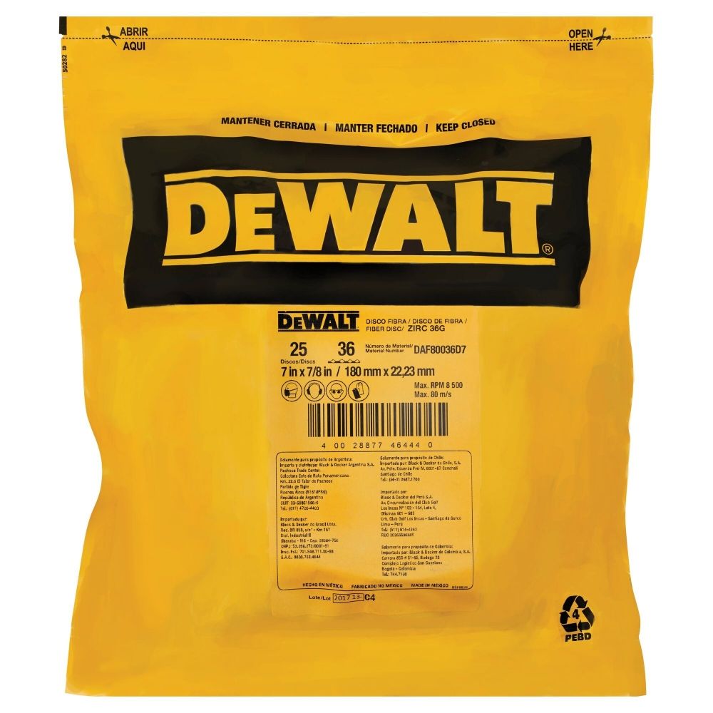 Disco Lixa Fibra Zirconia 4.1/2" Grão 50 DeWalt Disco Lixa Fibra Zirconia 4.1/2" Grão 50 DeWalt