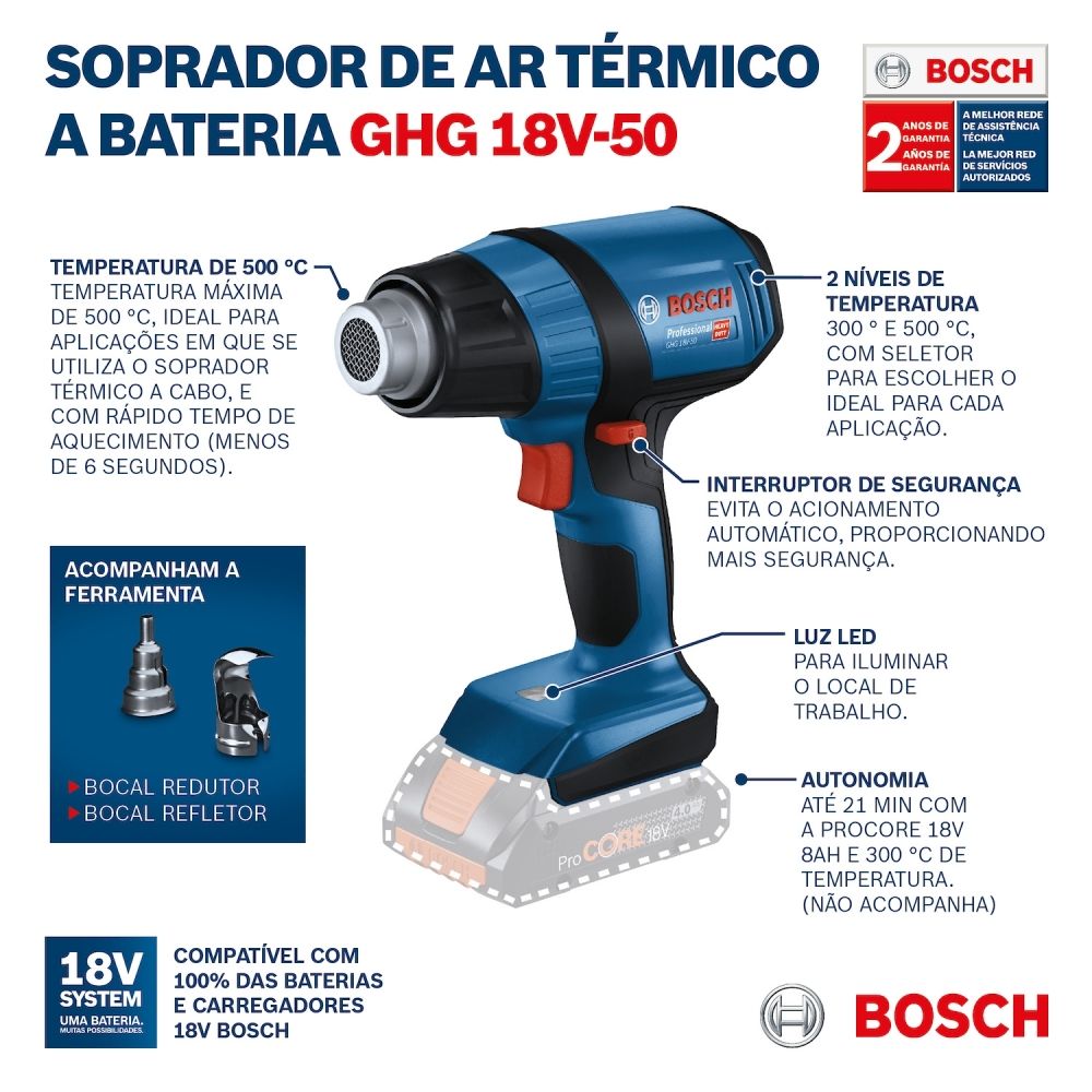 Soprador Térmico Bosch GHG 18V50 SB 18V Sem Bateria e Carregador Soprador Térmico Bosch GHG 18V50 SB 18V Sem Bateria e Carregador