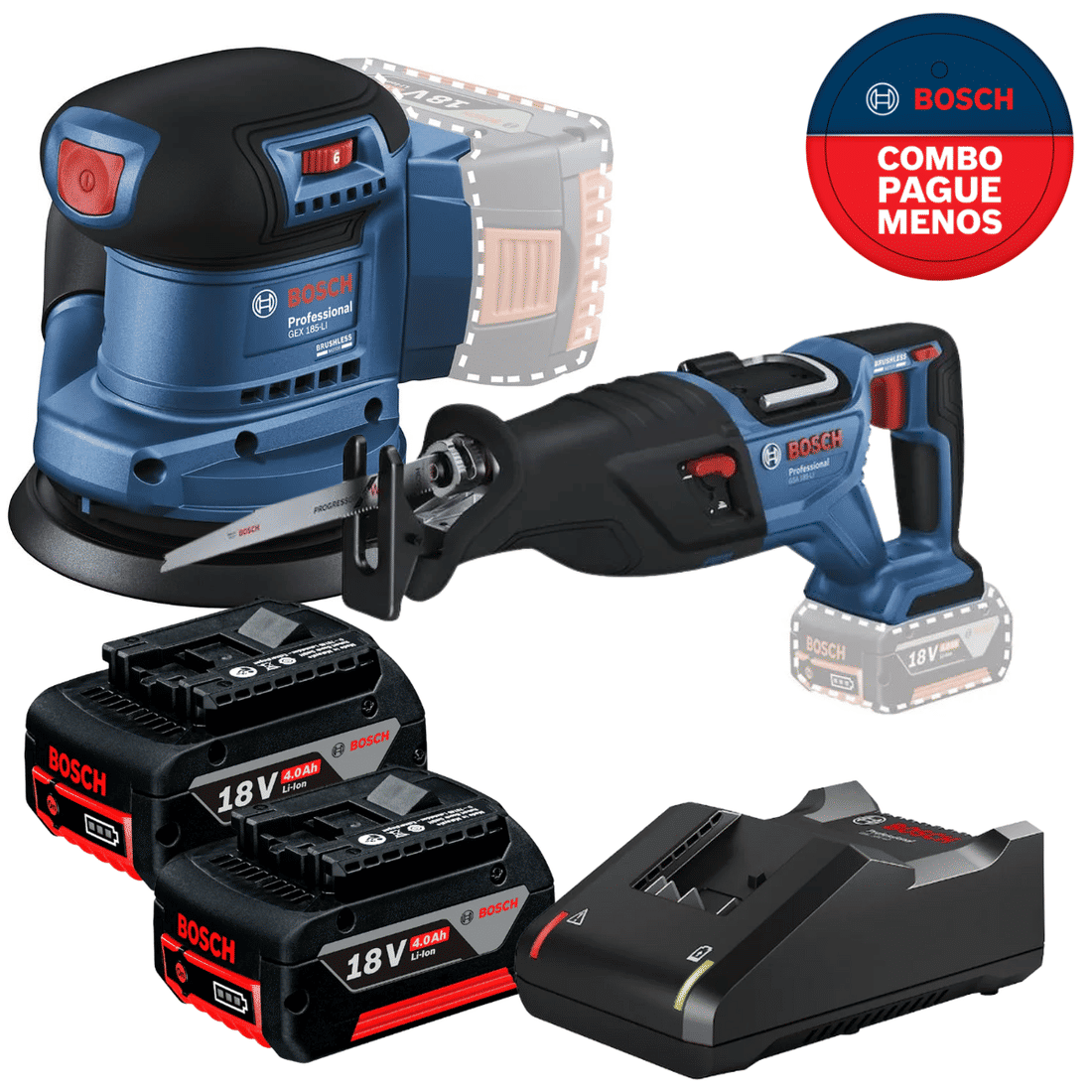 Combo Lixadeira Orbital e Serra Sabre Bosch + 2 Baterias 18v 4ah com Carregador