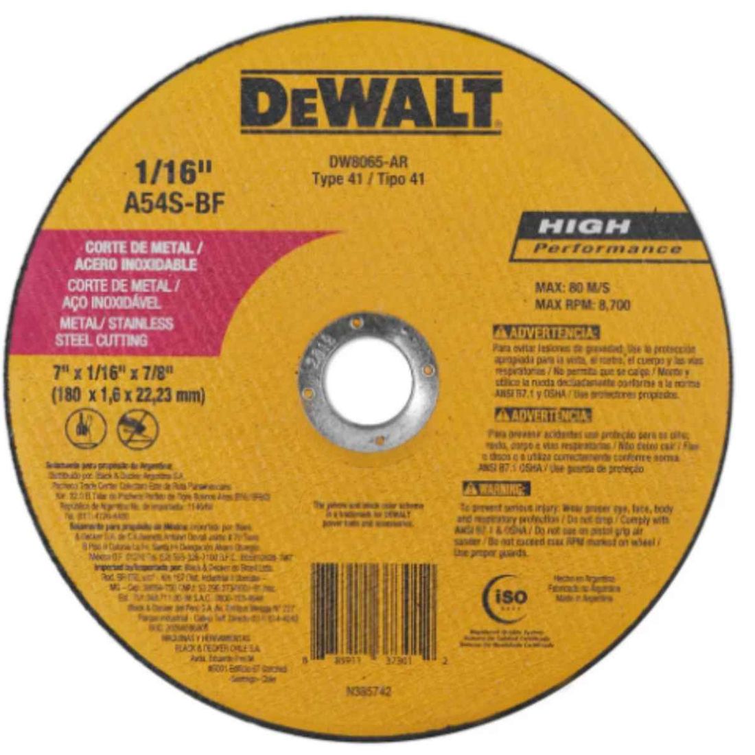 Disco Corte Metal Fino DeWalt DW8065-AR 7"X1,6mmX7/8"