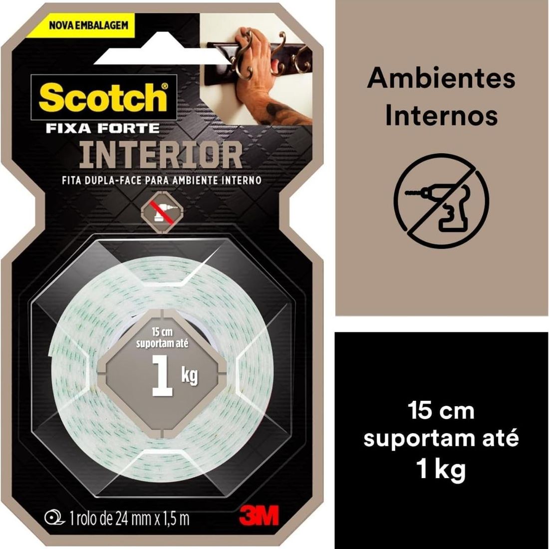 Fita Dupla Face 3M Scotch Fixa Forte Interior 24mm x 1,5m