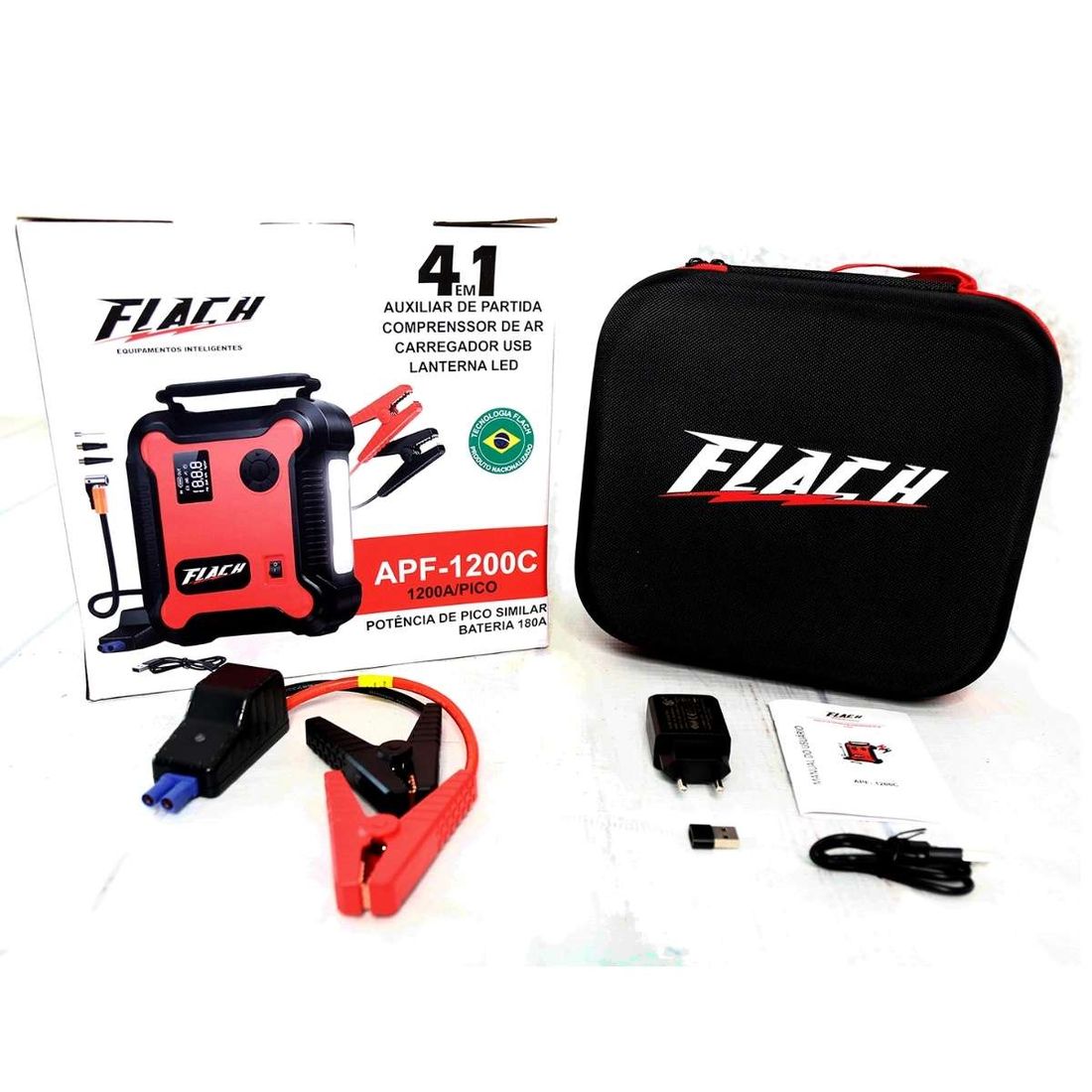 Auxiliar Partida Portátil Flach 1200A Com Compressor 4 em 1