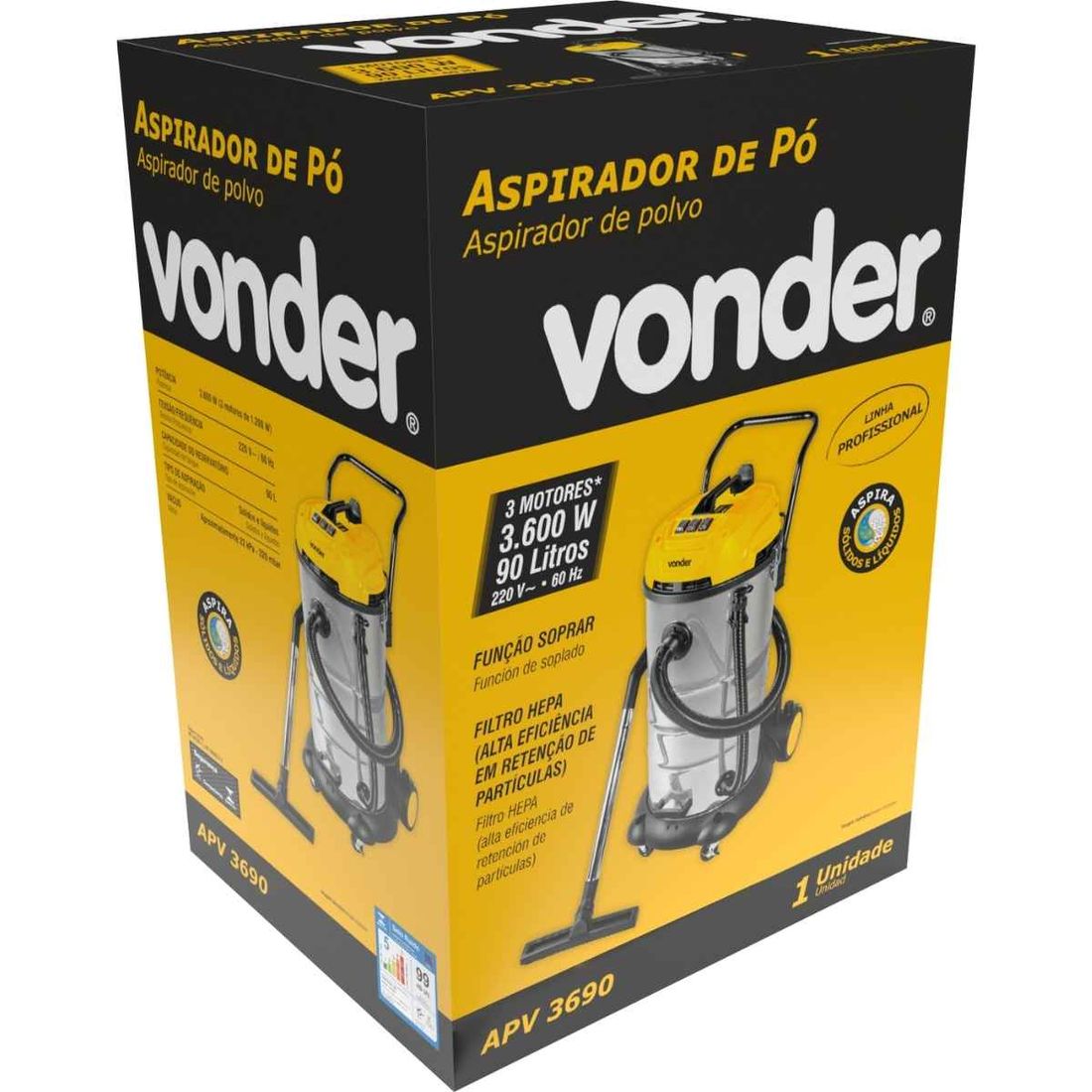 Aspirador de Pó 90L 3600W 220V 3 Motores APV3690 Vonder