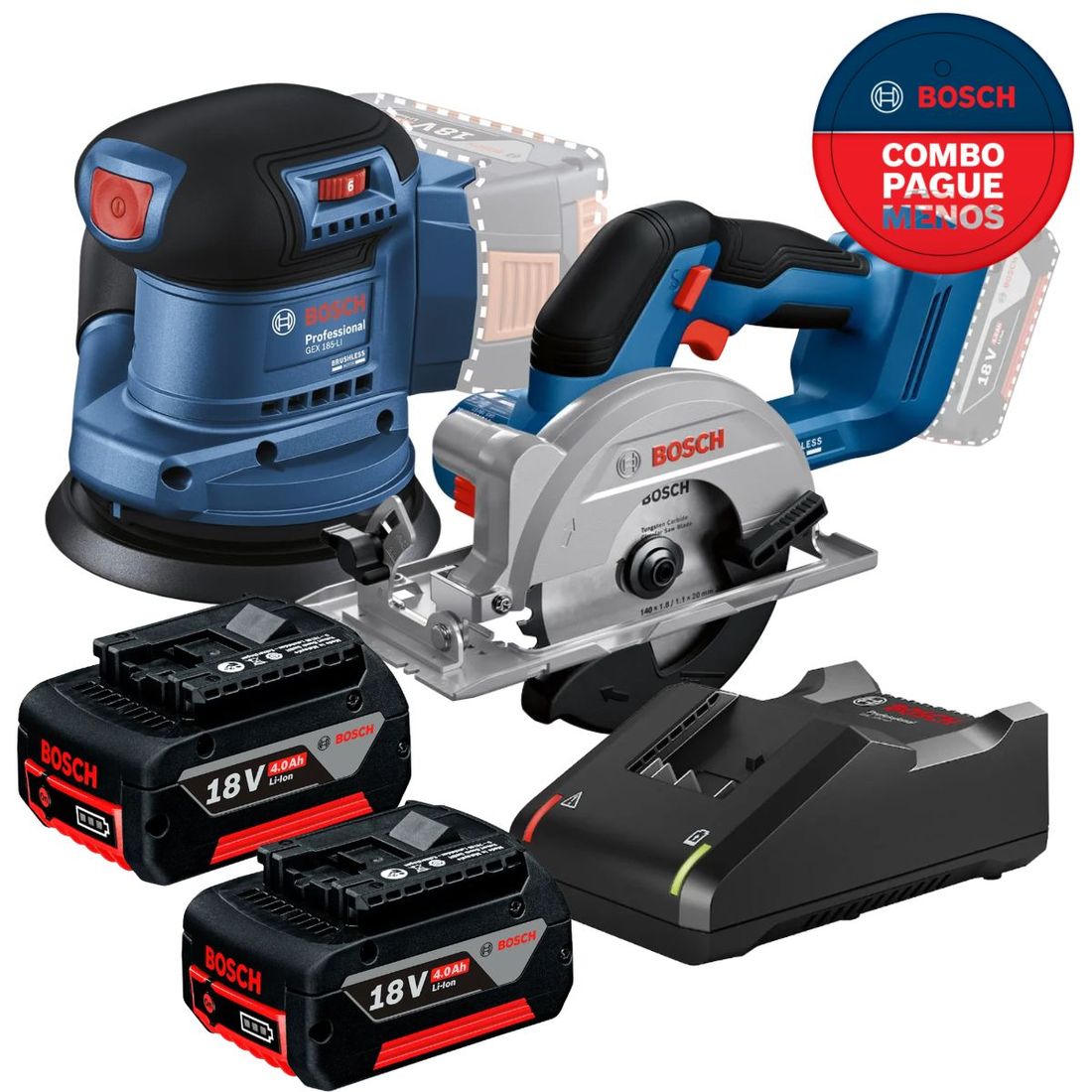 Combo Lixadeira Orbital 5" Com Serra Circular Bosch 5.1/2" + 2 Baterias 18v 4ah e Carregador