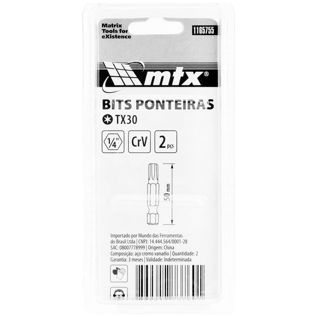 Ponteira Bits Torx T30 MTX 50mm Cartela 2pçs Ponteira Bits Torx T30 MTX 50mm Cartela 2pçs