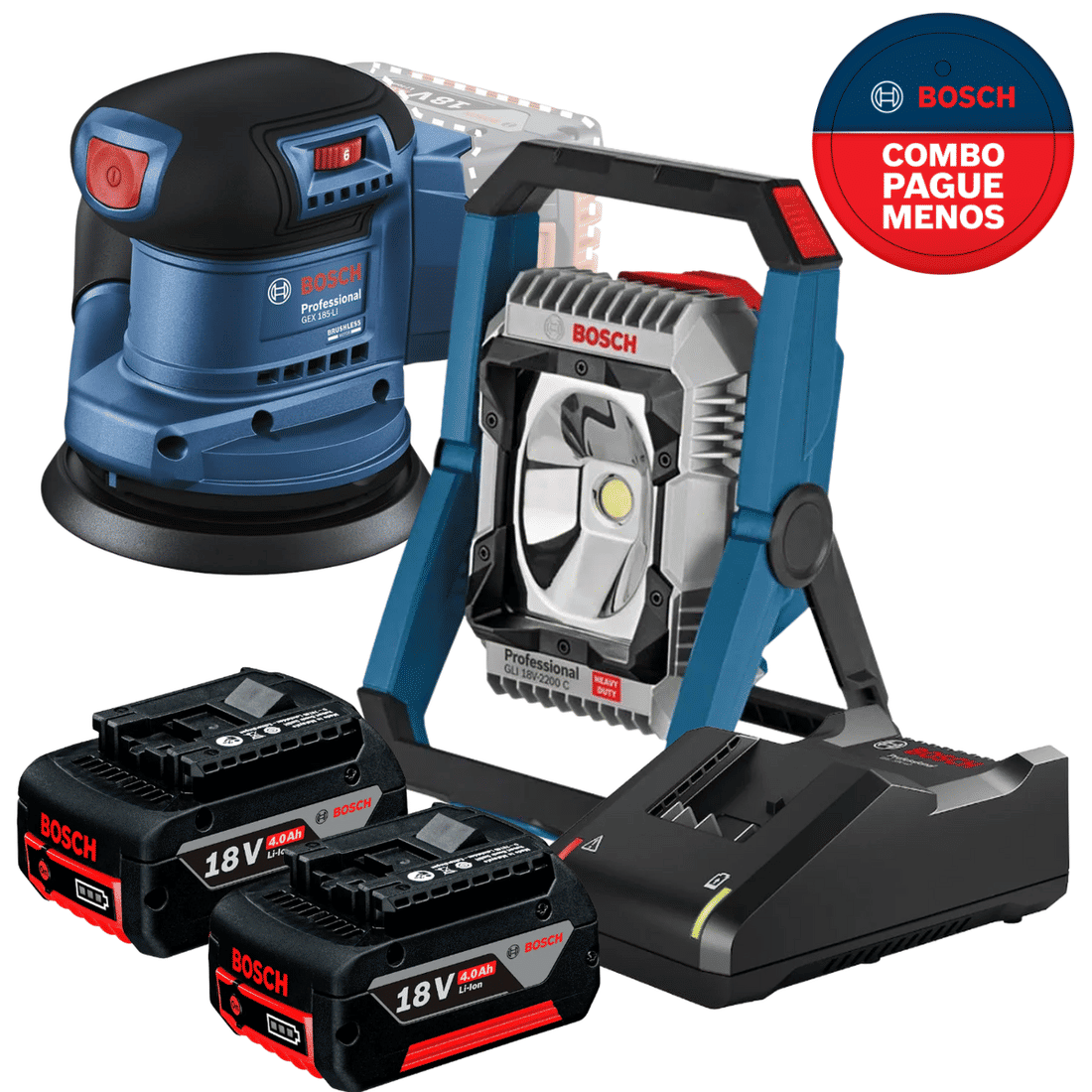 Combo Lixadeira Orbital e Refletor Sem Fio Bosch  Bosch Com 2 Baterias 18V 4Ah + 1 Carregador