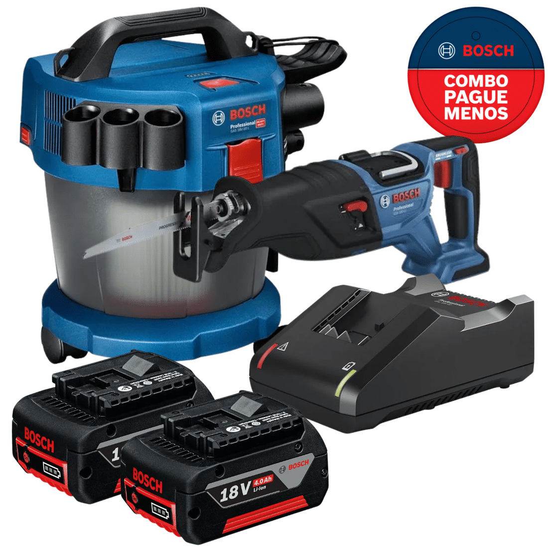 Combo Aspirador de Pó + Serra sabre Com 2 Baterias e carregador 18v 4Ah Bosch