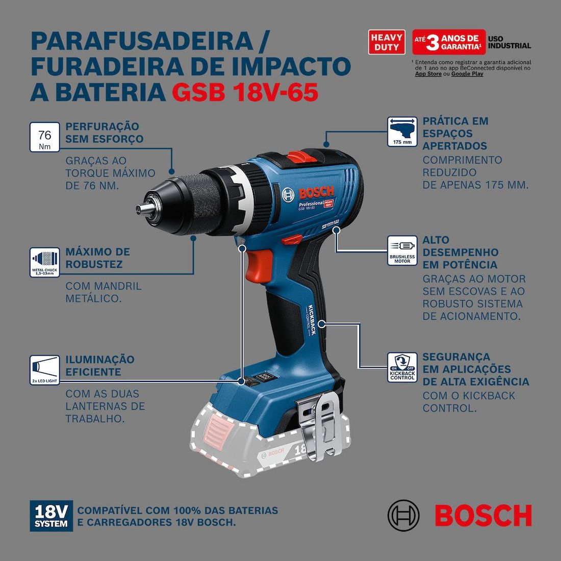 Parafusadeira e Furadeira Impacto Bosch GSB 18V-65 1/2" 18V 1 Bateria Parafusadeira e Furadeira Impacto Bosch GSB 18V-65 1/2" 18V 1 Bateria