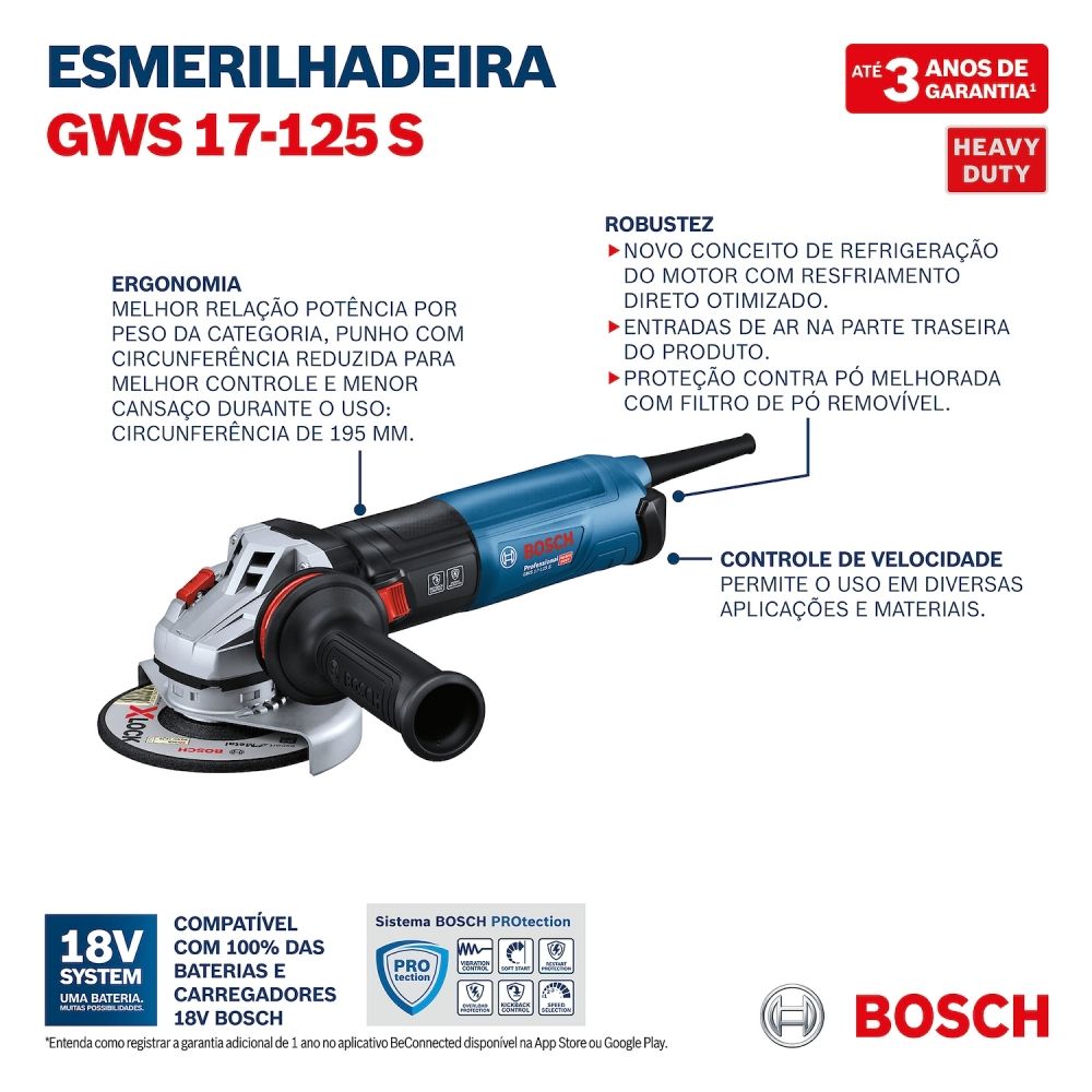 Esmerilhadeira Bosch GWS 17-125 S 5" 1700W 220V Com Controle Velocidade Esmerilhadeira Bosch GWS 17-125 S 5" 1700W 220V Com Controle Velocidade