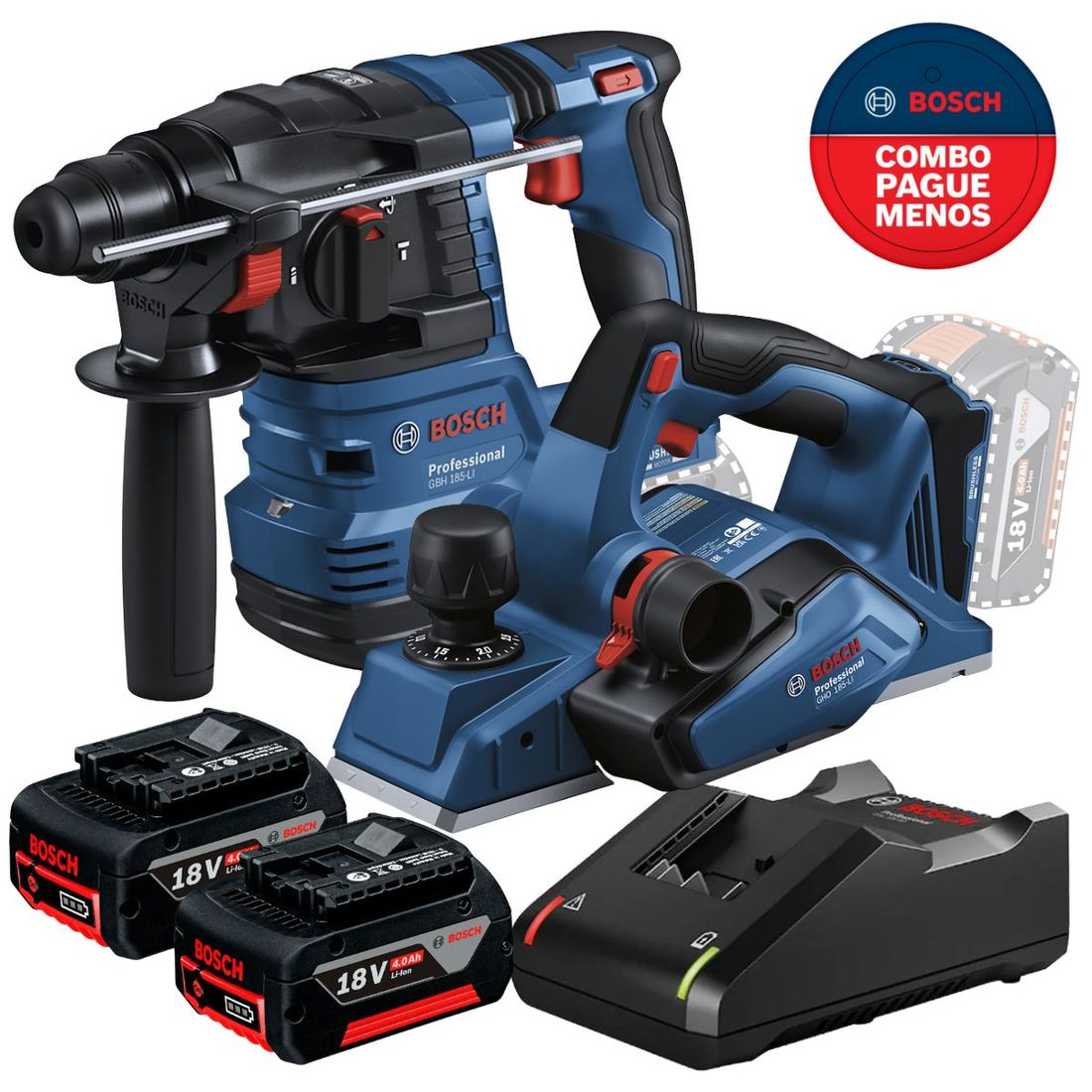 Combo Plaina + Martelete SDS Bosch Com 2 Baterias 18v 4ah e Carregador