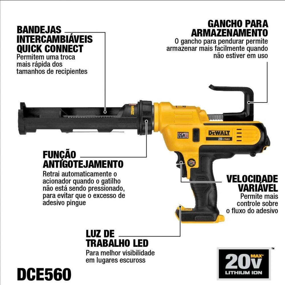 Pistola Aplicadora de Silicone DeWalt DCE560B 20V Sem Bateria e Carregador