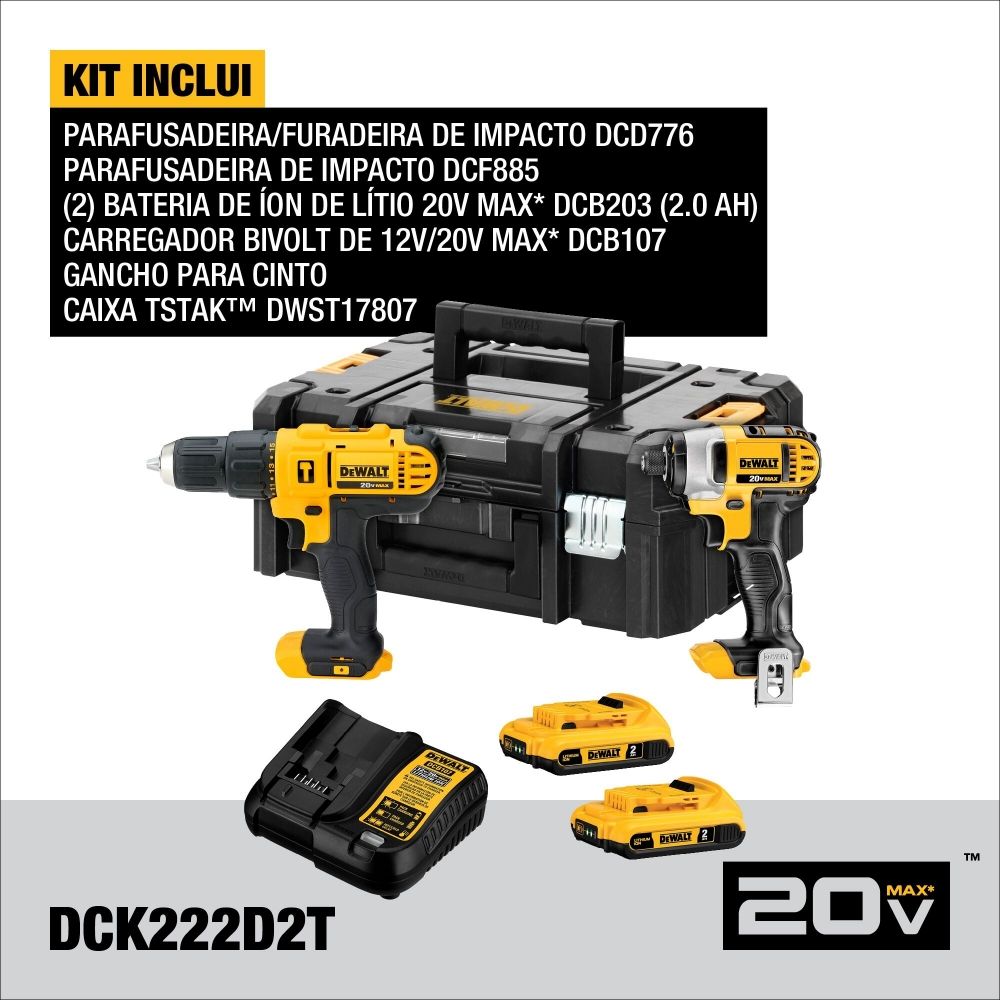 Combo DeWalt DCK222D2T-BR Parafusadeira/Furadeira Impacto + Parafusadeira Impacto 20V Combo DeWalt DCK222D2T-BR Parafusadeira/Furadeira Impacto + Parafusadeira Impacto 20V