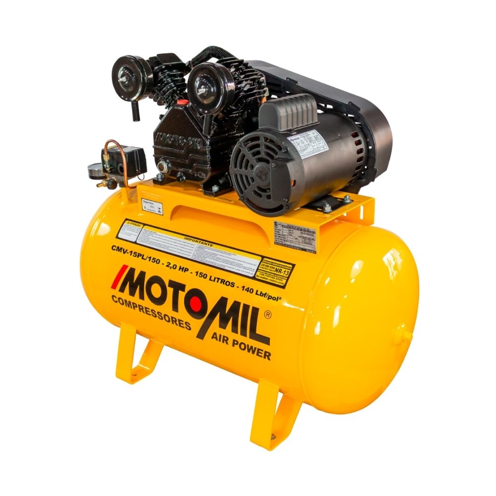 Compressor 15 pés 150L 140 PSI 3 CV Monofásico 110/220V Motomil CMV15PL/150