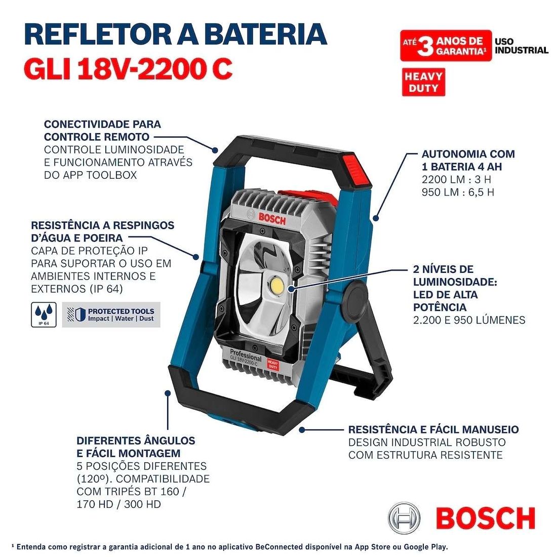Refletor Sem Fio Bosch 18V Sem Bateria GLI 18V-2200 C SB