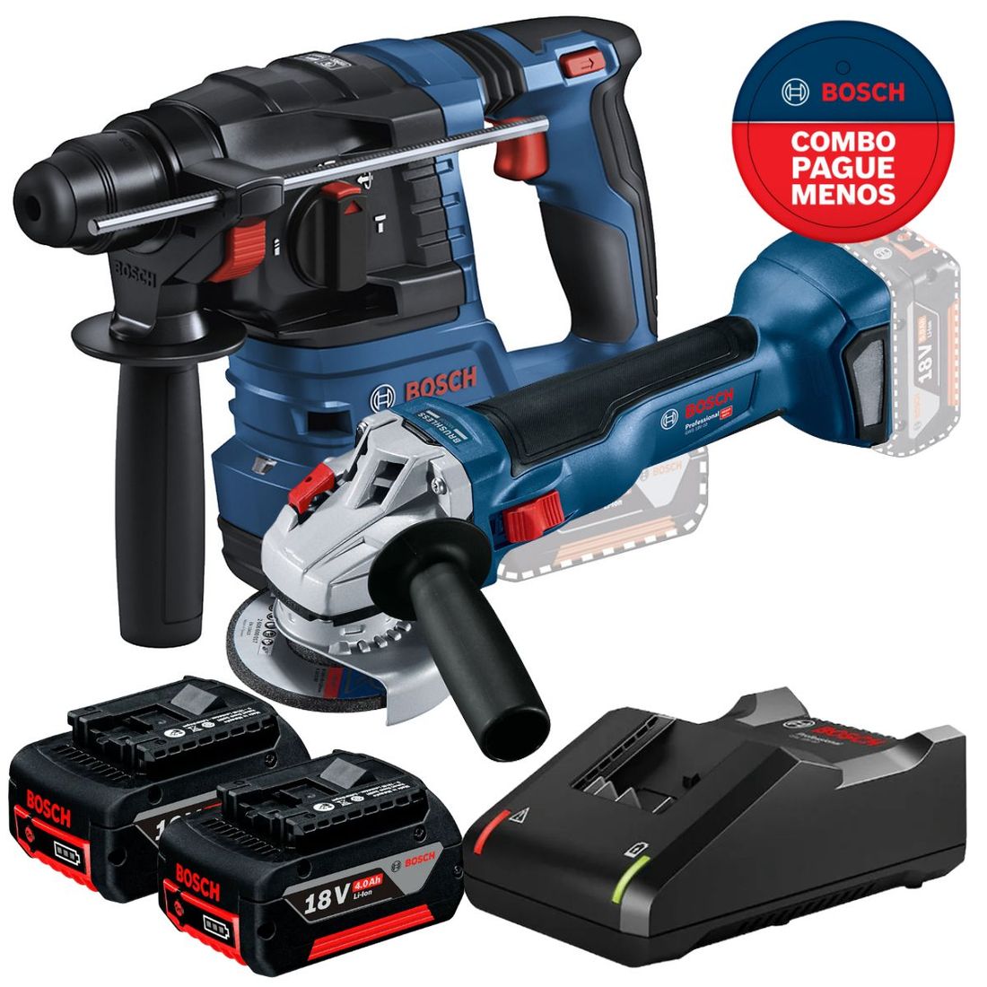 Combo Esmerilhadeira Angular + Martelete SDS  Bosch Com 2 Baterias 18v 4ah e Carregador