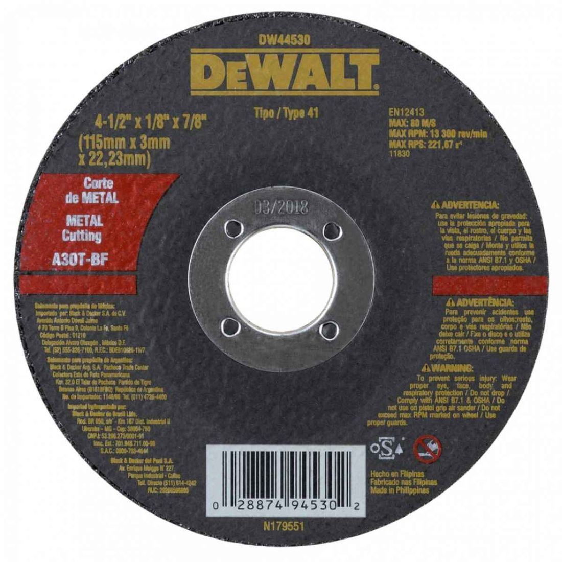 DeWalt - Disco Corte Metal 4.1/2" x 1/8 x 7/8
