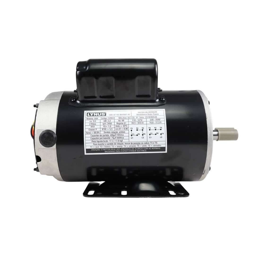 Motor Elétrico Lynus IP21 3CV 127/220V Monofásico 3460RPM