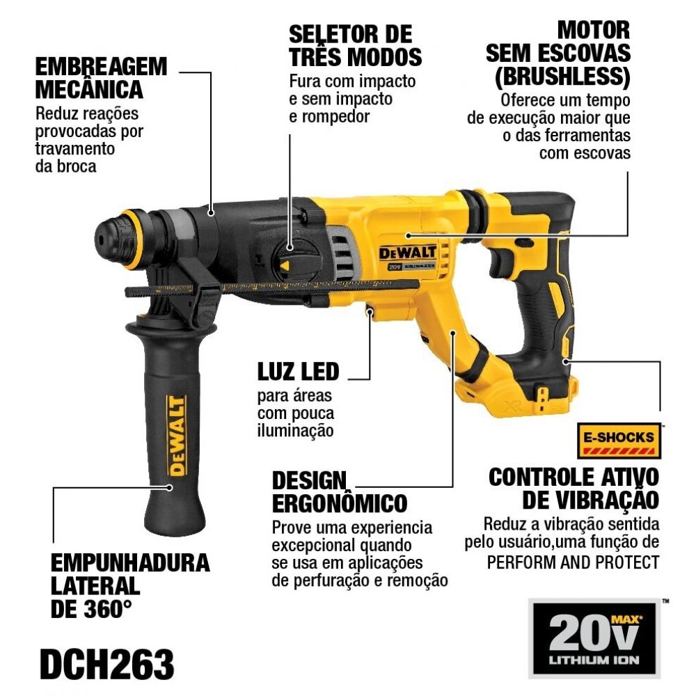 Martelete 3 Funções SDS Plus 20V DCH263B DeWalt Martelete 3 Funções SDS Plus 20V DCH263B DeWalt