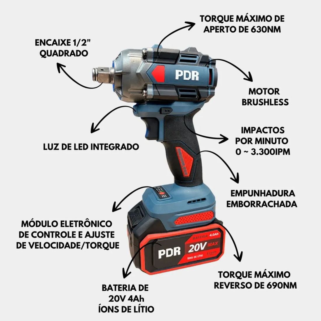 Chave Impacto Encaixe 1/2" Torque 63Kg 20V 1 Bateria 4Ah PDR Chave Impacto Encaixe 1/2" Torque 63Kg 20V 1 Bateria 4Ah PDR