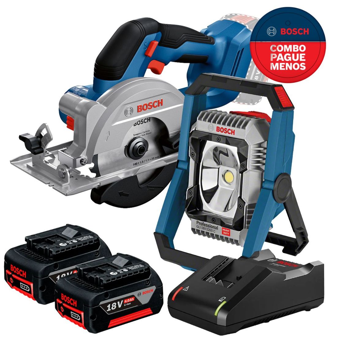 Combo Refletor Sem Fio + Serra Circular Bosch Com 2 Baterias 18v 4ah e Carregador