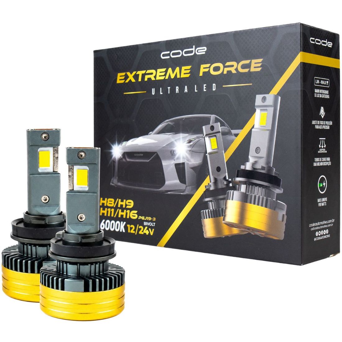 Kit Lâmpadas Ultra Led Code Extreme Force H8H9 H11 H16 6000K