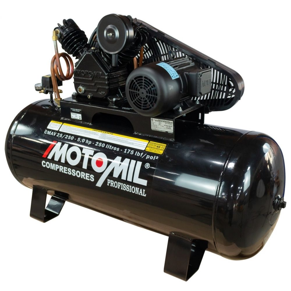 Compressor 25 Pés 250L 175PSI 5 Cv Trifásico 220/380V Motomil CMAV-25/250